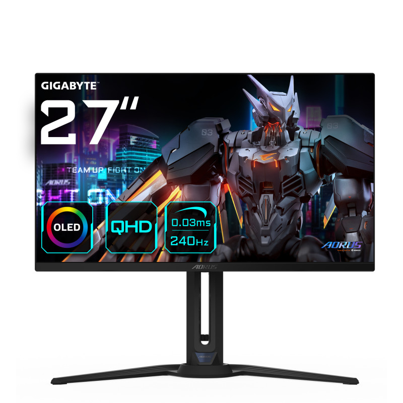 AORUS Monitor de juego FO27Q2 OLED QHD de 27” - 2560 x 1440 (QHD), 240Hz, 0.03ms, KVM, 250 cd/m², FreeSync Premium Pro, Displ