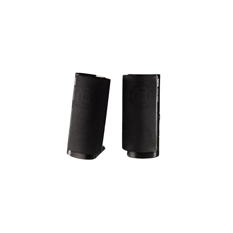 Altavoz estéreo con conexión USB A y Jack de 3,5mm, control de volumen integrado, color negro.