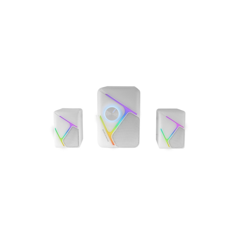 MS-H21, Altavoces Gaming RGB 2.1 y Subwoofer 35W, Sistema Drivers Invertidos 3D Surround, Altavoces Compactos con Iluminación Dinámica RGB, Alimentación USB y Conector Jack 3.5mm, Blanco