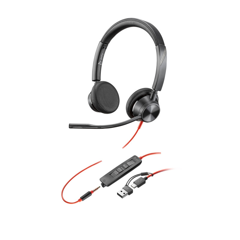 Auriculares estéreo Poly Blackwire 3325 USB-C + Conector de 3,5 mm + Adaptador USB-C/A