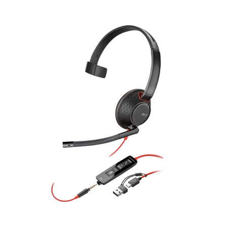 Auriculares Poly Blackwire 5210 monaural USB-C + conector de 3,5 mm + adaptador USB-C/A