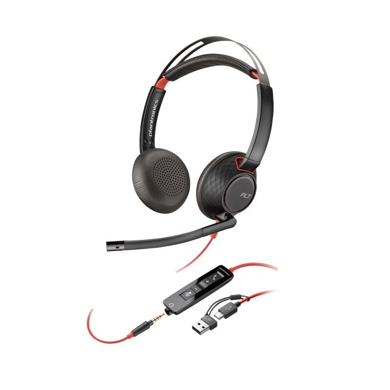 Auriculares Poly Blackwire 5220 estéreo USB-C + conector de 3,5 mm + adaptador USB-C/A (paquete)