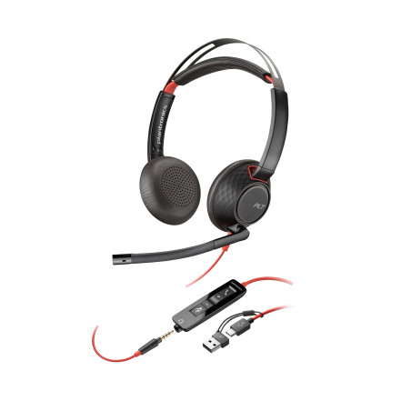 Auriculares Poly Blackwire 5220 estéreo USB-C + conector de 3,5 mm + adaptador USB-C/A (paquete)