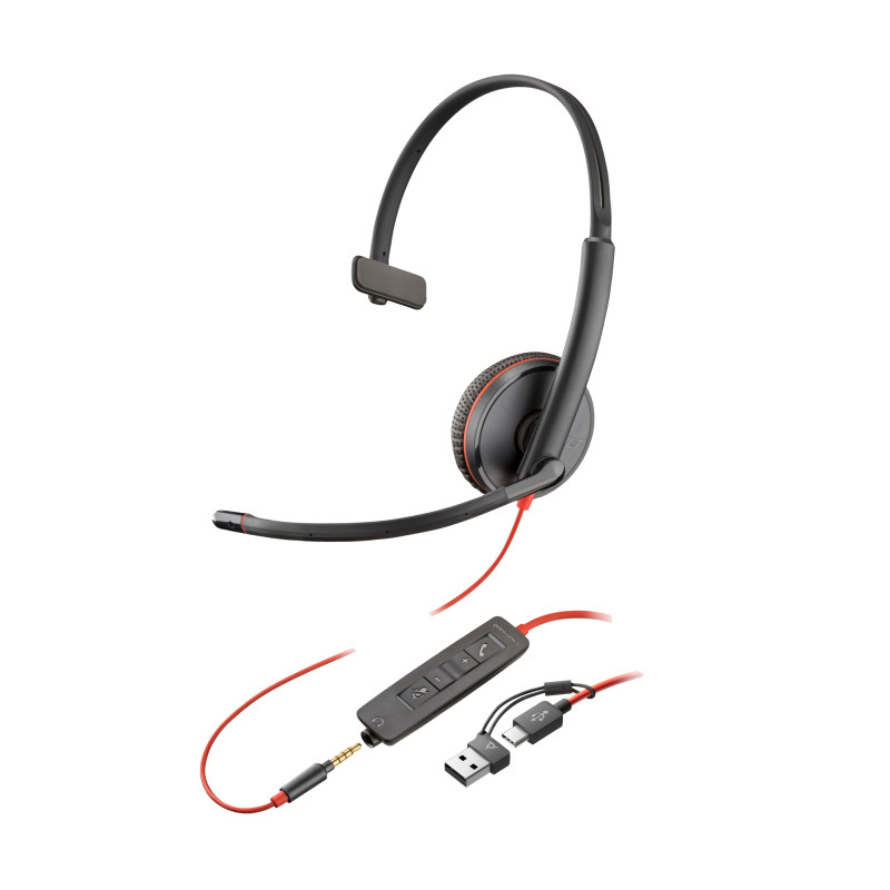 Auriculares monoaurales Poly Blackwire 3215 USB-C + Conector de 3,5 mm + Adaptador USB-C/A