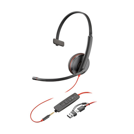Auriculares monoaurales Poly Blackwire 3215 USB-C + Conector de 3,5 mm + Adaptador USB-C/A